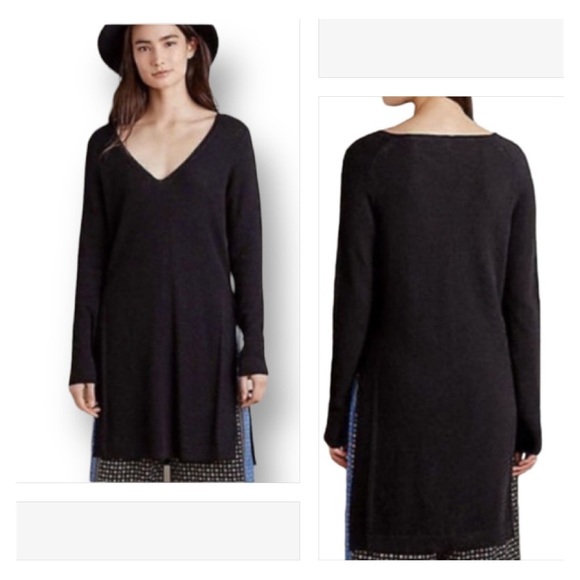 Anthropologie Moth Black Cotton Linen Rib Stitch Split Sweater Tunic Top Size M - Picture 3 of 11